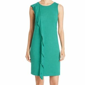 Three Dots Women's green ruffle Sleeveless Jersey Shift dress Size Small